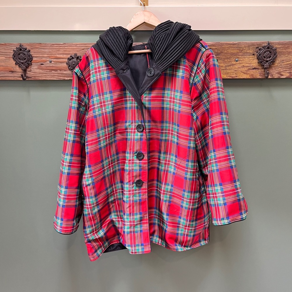 Oopera Womens 2X Reversible Plaid Jacket Red Tartan Black Pleated Hood Coat